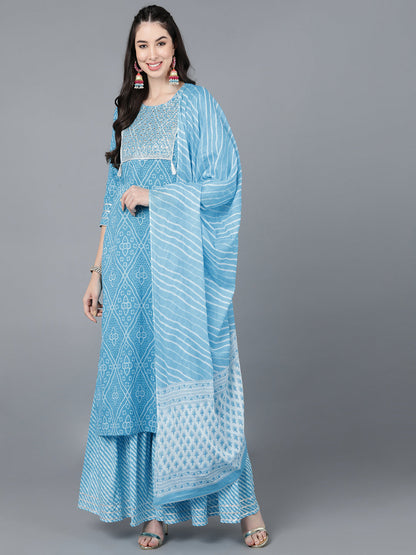 Cotton Lehriya Print Straight Kurta Set (Blue)