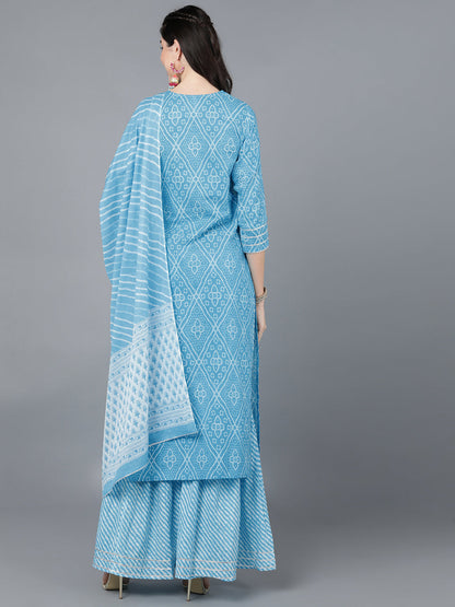 Cotton Lehriya Print Straight Kurta Set (Blue)