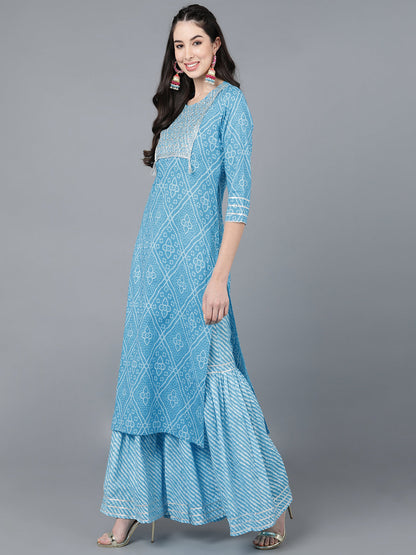 Cotton Lehriya Print Straight Kurta Set (Blue)