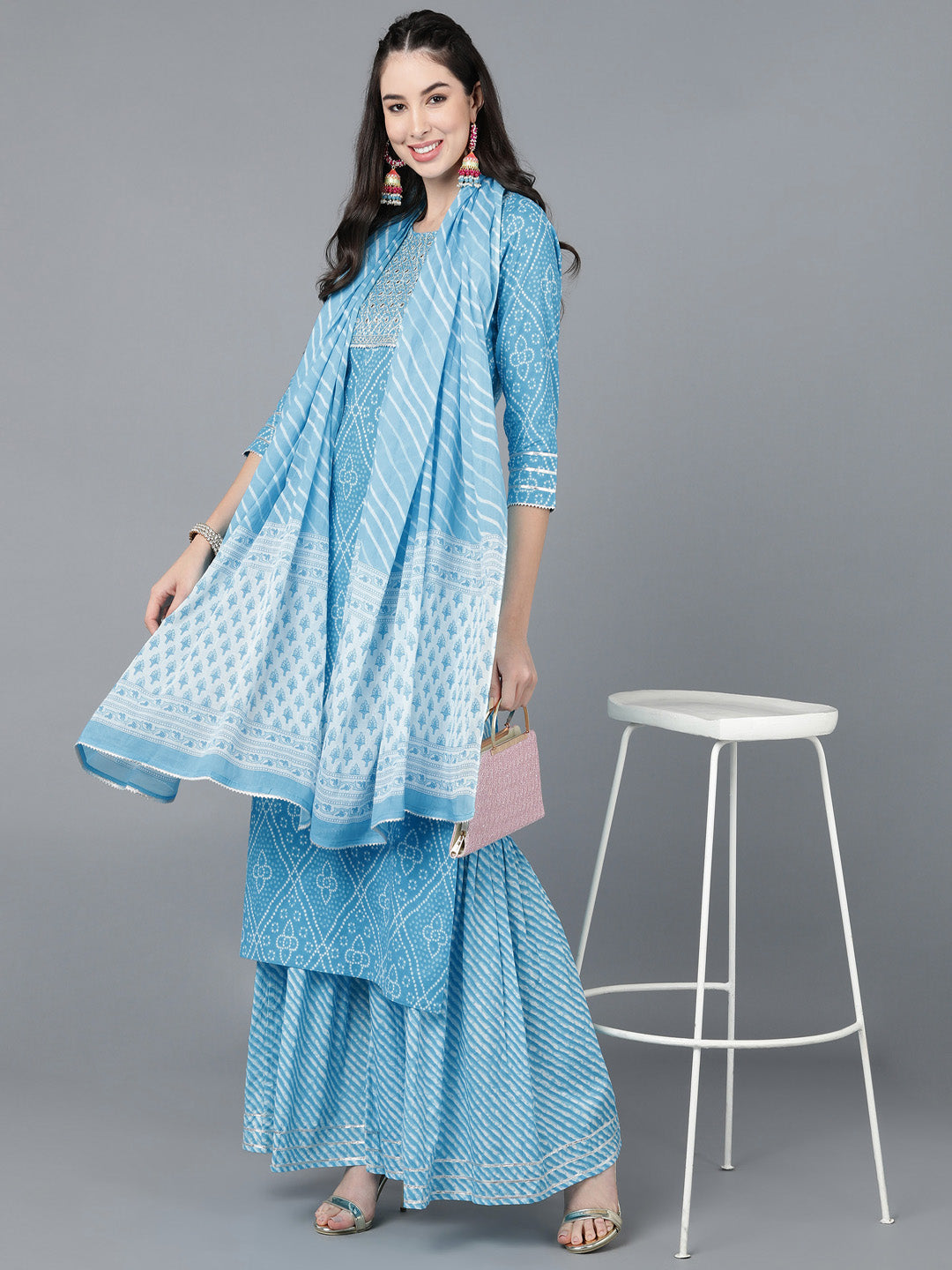 Cotton Lehriya Print Straight Kurta Set (Blue)