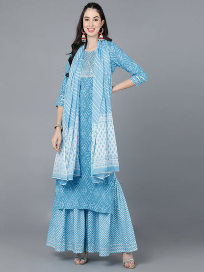 Cotton Lehriya Print Straight Kurta Set (Blue)