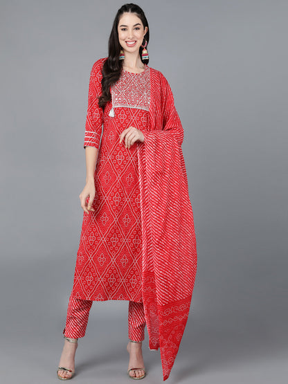 Cotton Lehriya Print Straight Kurta Set (Red)