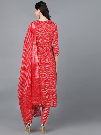 Cotton Lehriya Print Straight Kurta Set (Red)