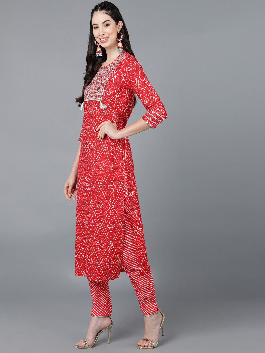 Cotton Lehriya Print Straight Kurta Set (Red)