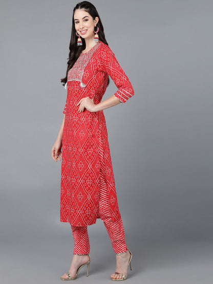 Cotton Lehriya Print Straight Kurta Set (Red)