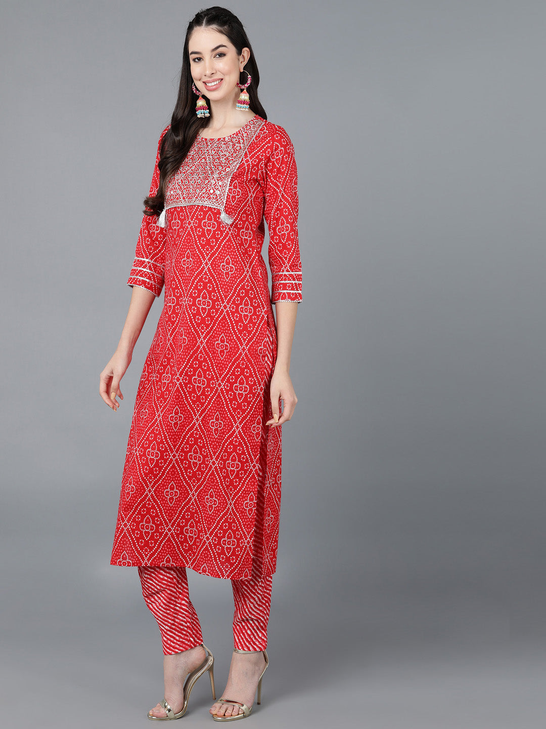 Cotton Lehriya Print Straight Kurta Set (Red)
