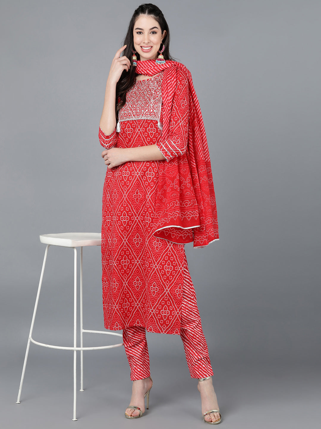 Cotton Lehriya Print Straight Kurta Set (Red)