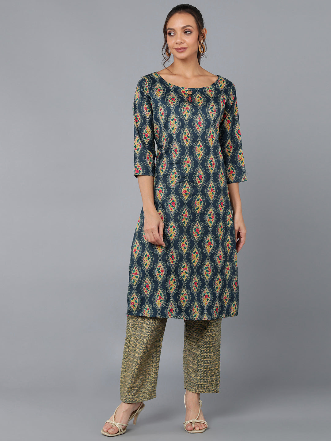 Cotton Blend Printed Straight Kurta Set (Teal Blue)