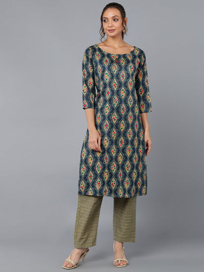 Cotton Blend Printed Straight Kurta Set (Teal Blue)