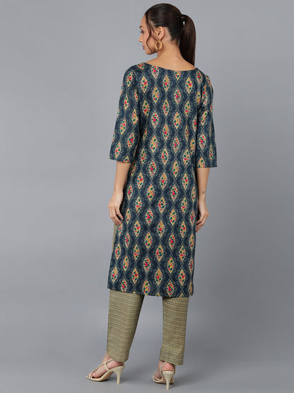 Cotton Blend Printed Straight Kurta Set (Teal Blue)
