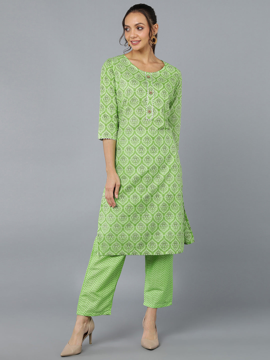 Cotton Blend Printed Straight Kurta Set (Light Green)