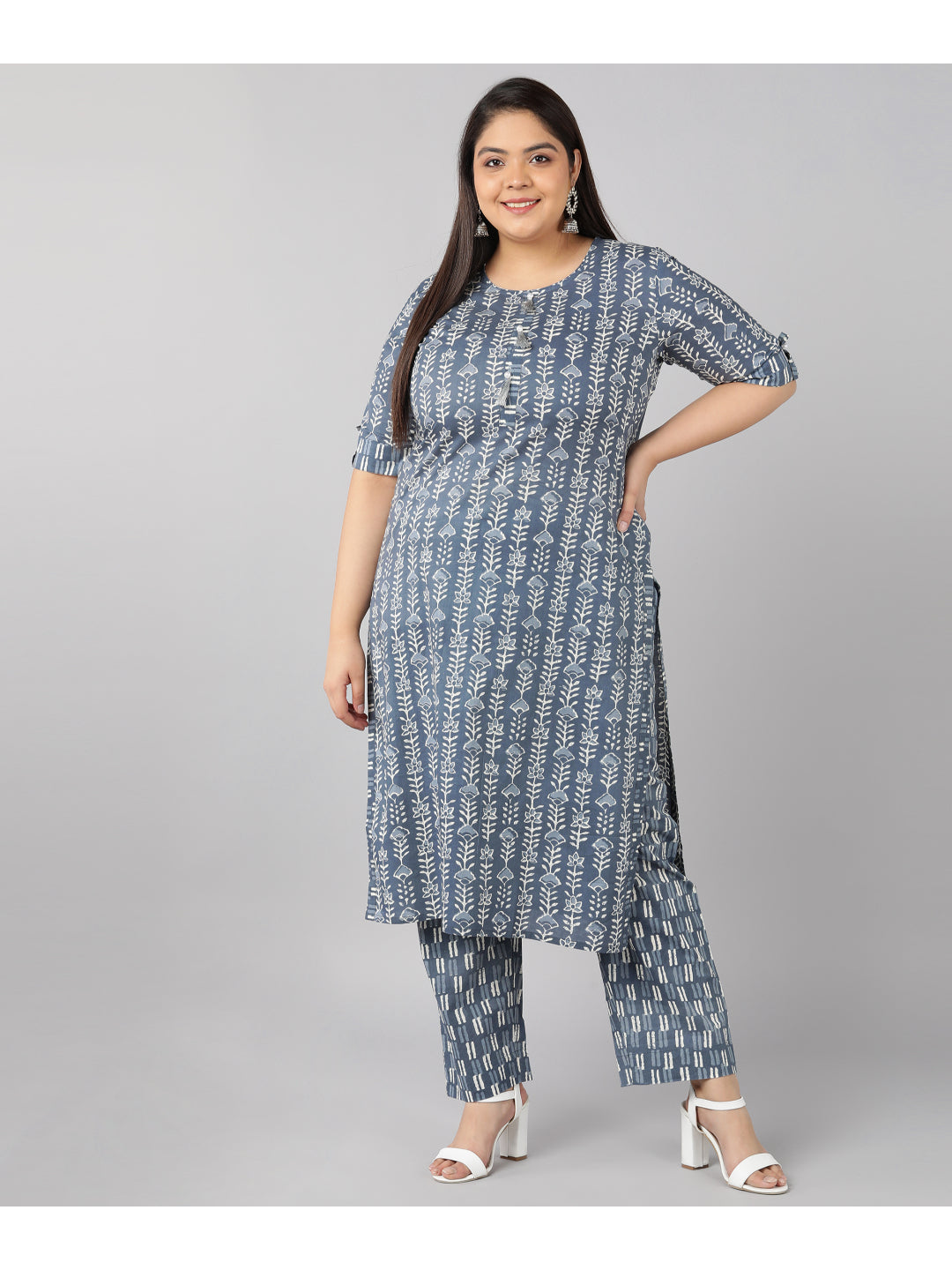 Cotton Printed Straight Kurta Set (Grey)