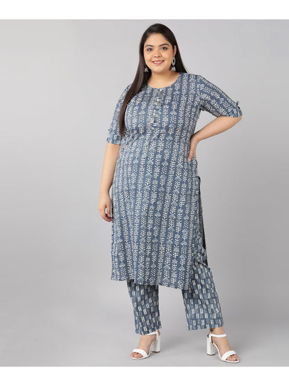 Cotton Printed Straight Kurta Set (Grey)