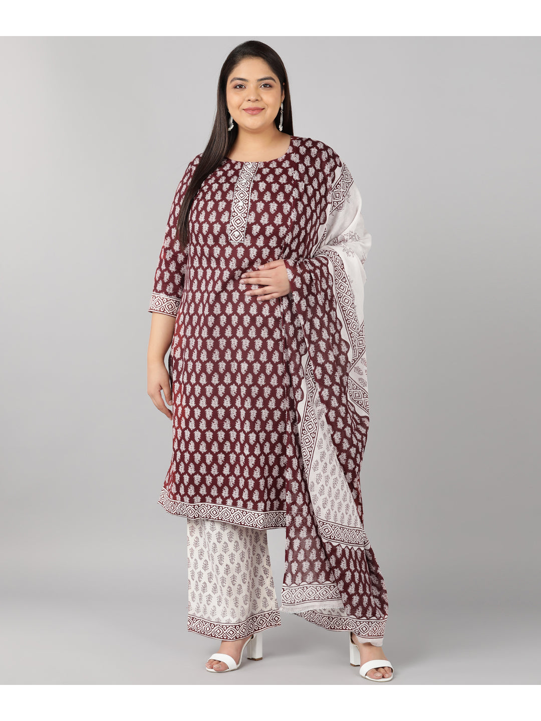Cotton Printed Flared Kurta Set (Maroon)