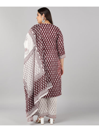 Cotton Printed Flared Kurta Set (Maroon)