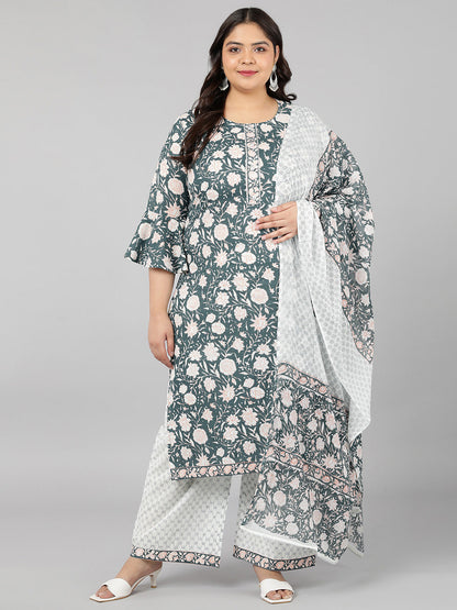 Cotton Floral Print Straight Kurta Set (Blue)