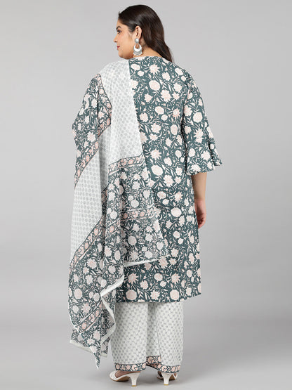 Cotton Floral Print Straight Kurta Set (Blue)