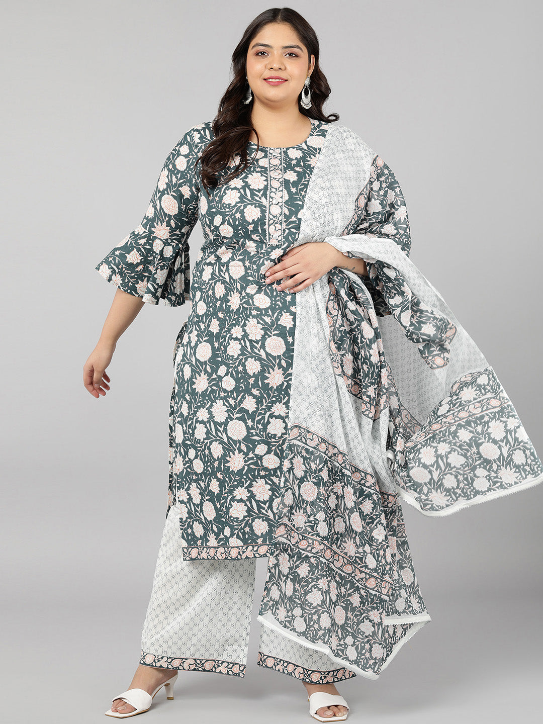 Cotton Floral Print Straight Kurta Set (Blue)