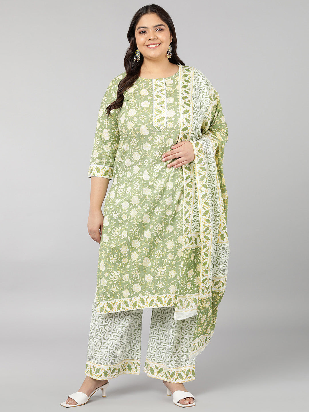 Cotton Floral Print Straight Kurta Set (Light Green)