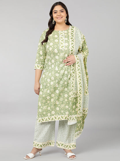 Cotton Floral Print Straight Kurta Set (Light Green)