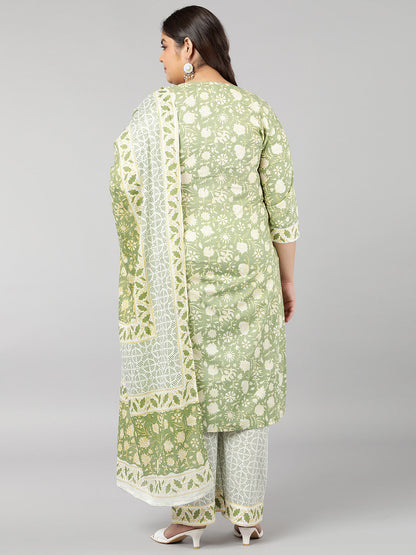 Cotton Floral Print Straight Kurta Set (Light Green)