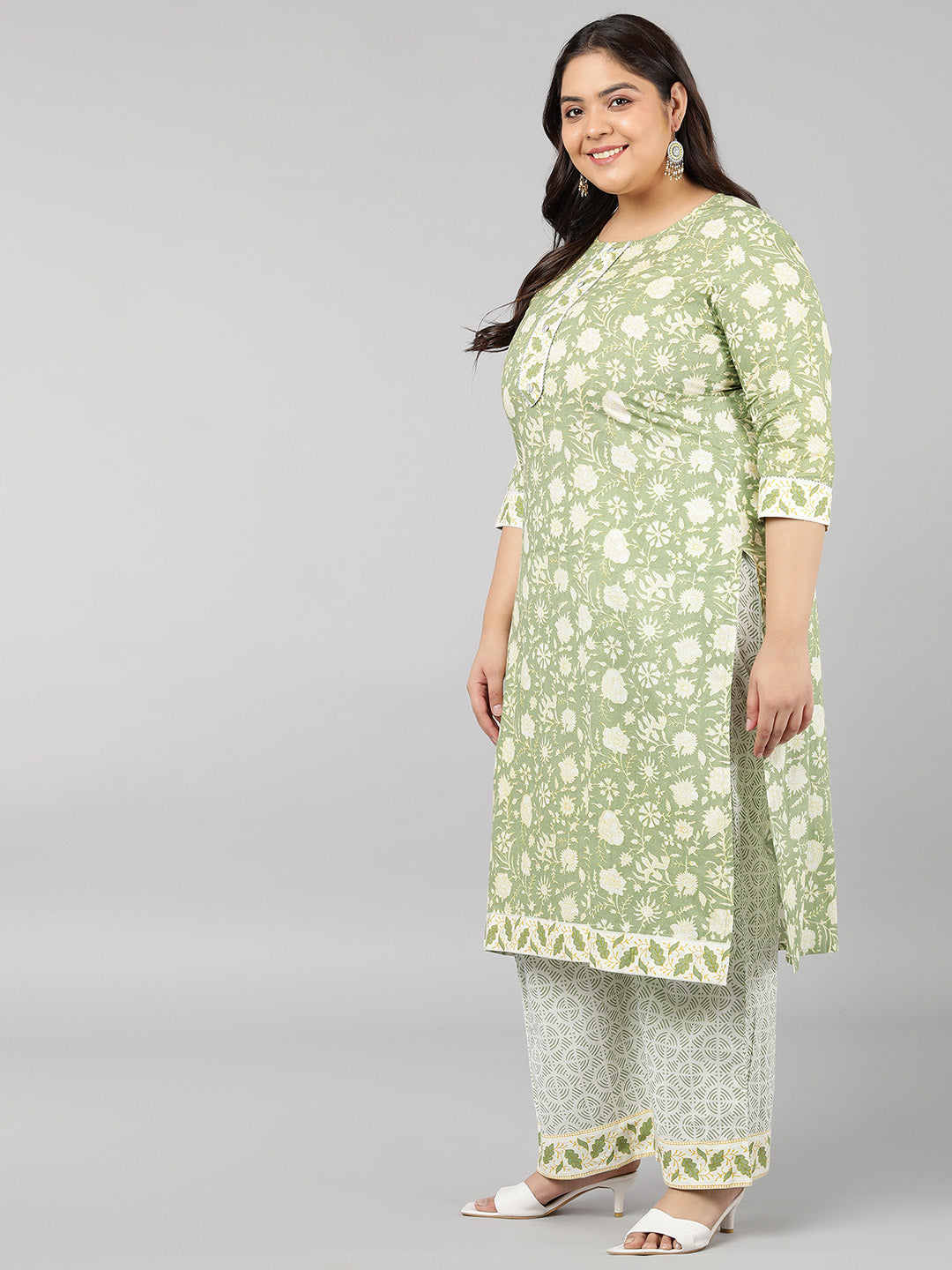 Cotton Floral Print Straight Kurta Set (Light Green)