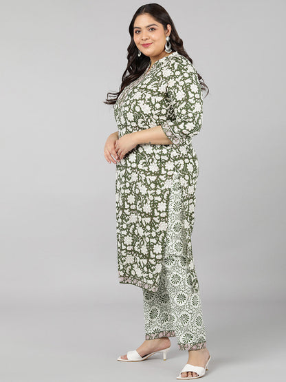 Cotton Printed Straight Kurta Set (Green)