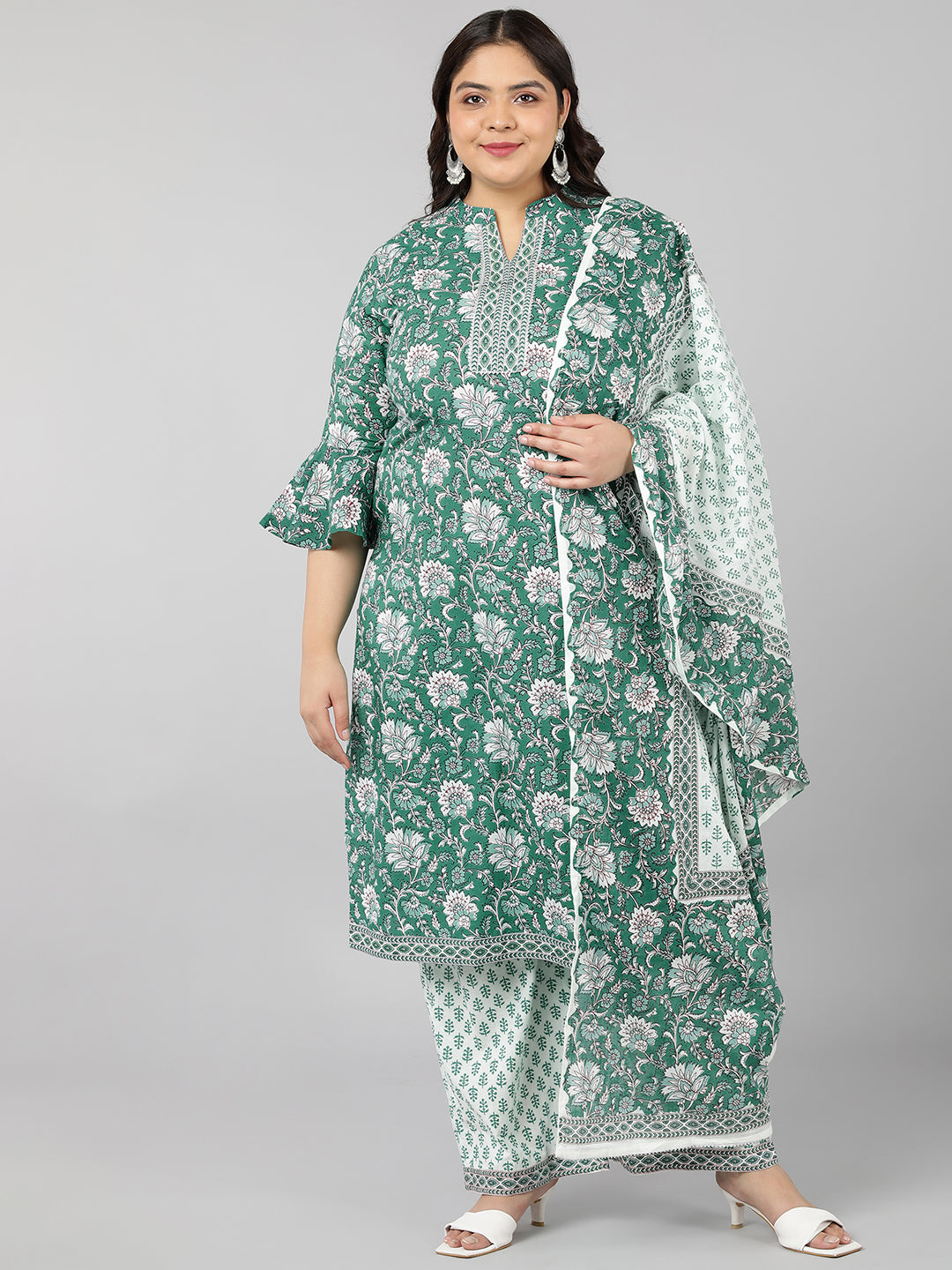 Cotton Printed Flared Kurta Set (Green)
