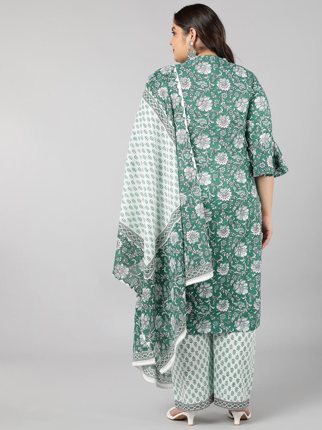 Cotton Printed Flared Kurta Set (Green)