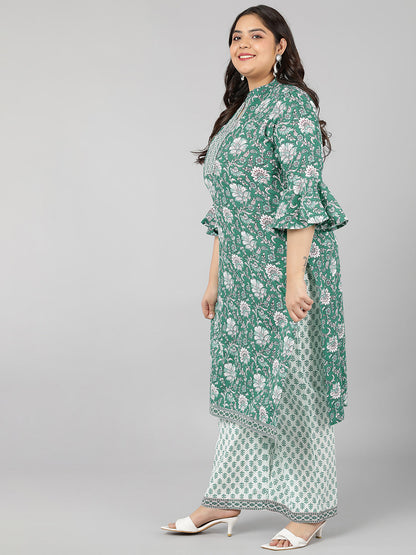 Cotton Printed Flared Kurta Set (Green)