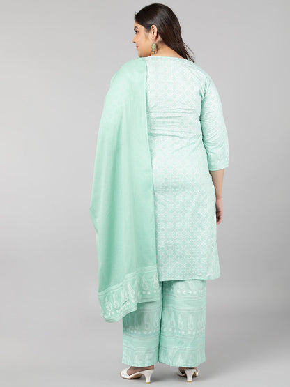 Cotton Printed Straight Kurta Set (Sky Blue)