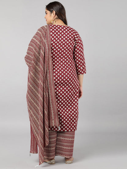 Cotton Block Print Straight Kurta Set (Maroon)