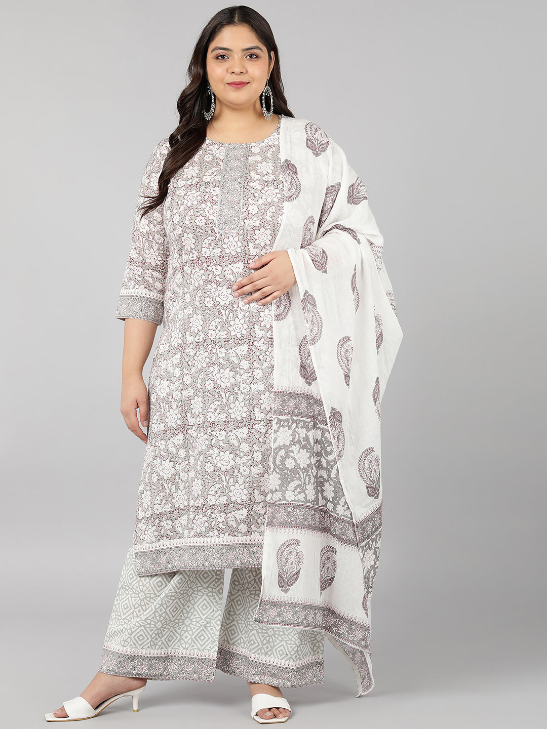 Cotton Floral Print Straight Kurta Set (Off-White)
