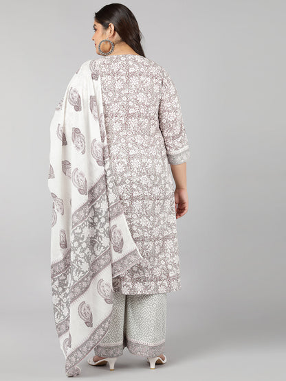 Cotton Floral Print Straight Kurta Set (Off-White)