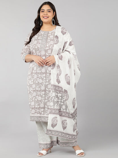 Cotton Floral Print Straight Kurta Set (Off-White)