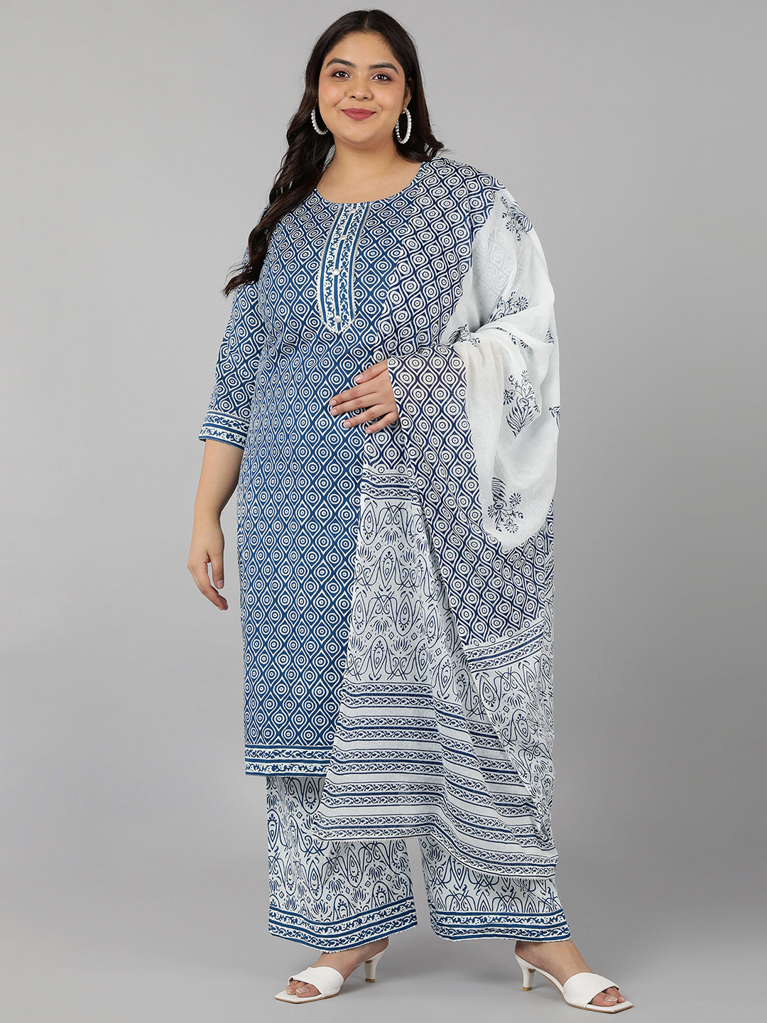 Cotton Printed Straight Kurta Set (Blue)