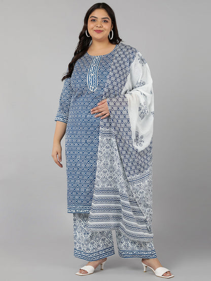 Cotton Printed Straight Kurta Set (Blue)