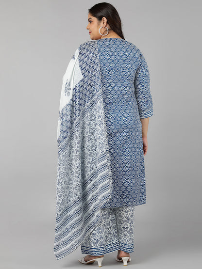 Cotton Printed Straight Kurta Set (Blue)