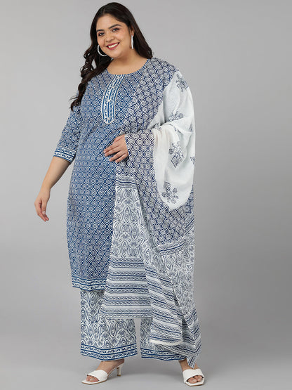 Cotton Printed Straight Kurta Set (Blue)