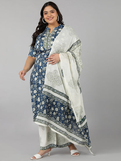 Cotton Printed Straight Kurta Set (Navy)