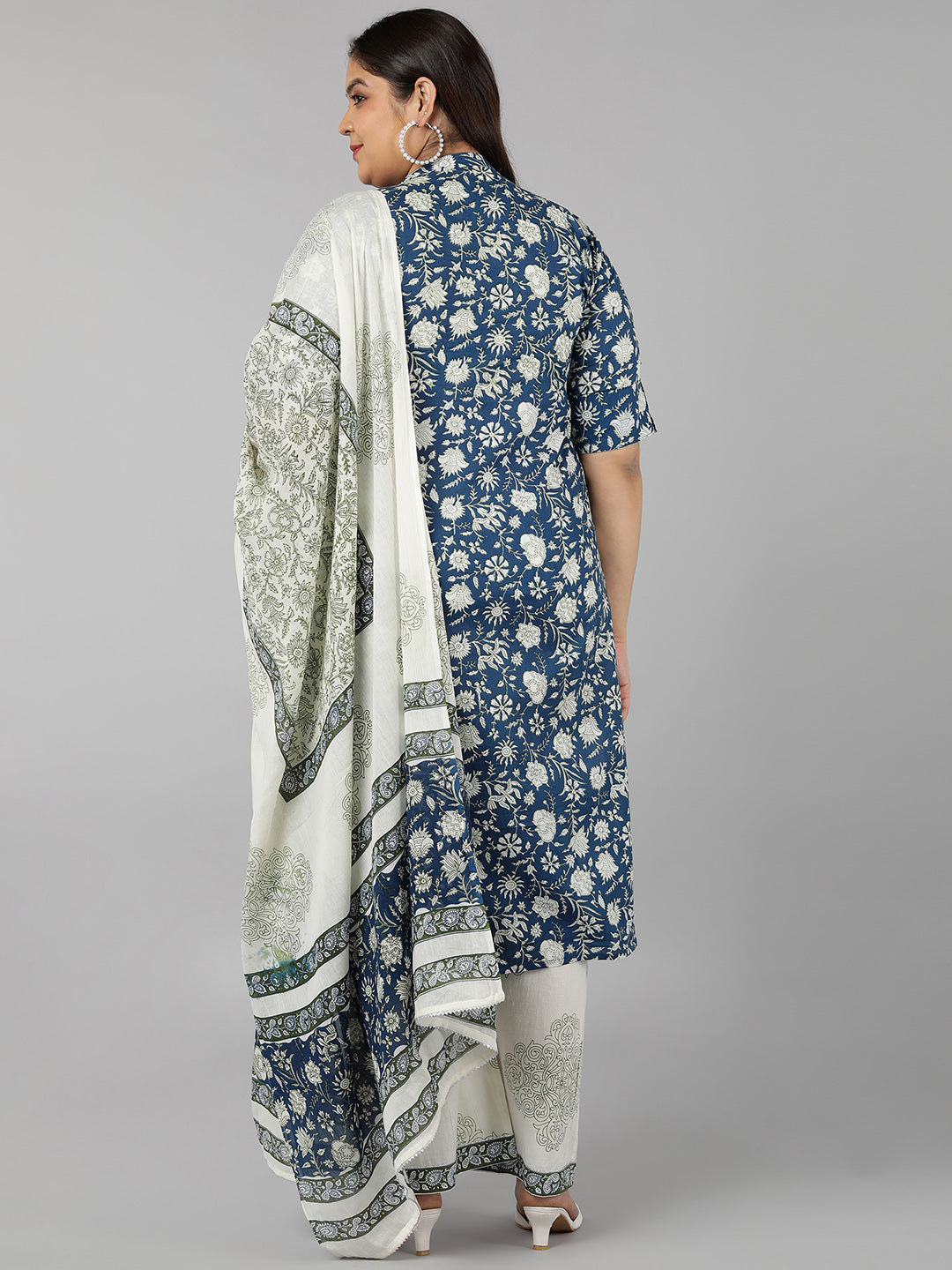 Cotton Printed Straight Kurta Set (Navy)