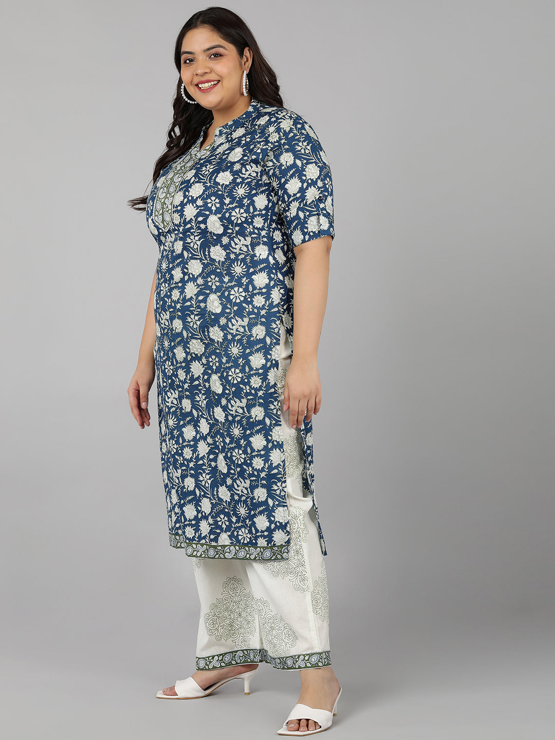 Cotton Printed Straight Kurta Set (Navy)
