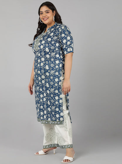 Cotton Printed Straight Kurta Set (Navy)