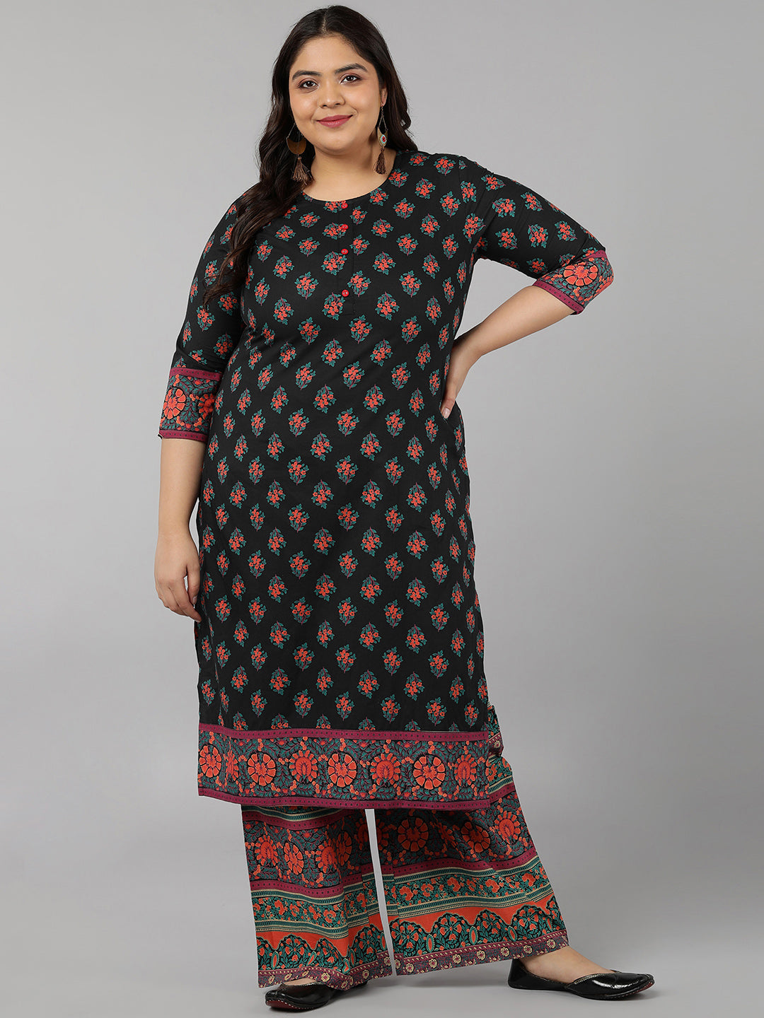 Cotton Block Print Straight Kurta Set (Black)