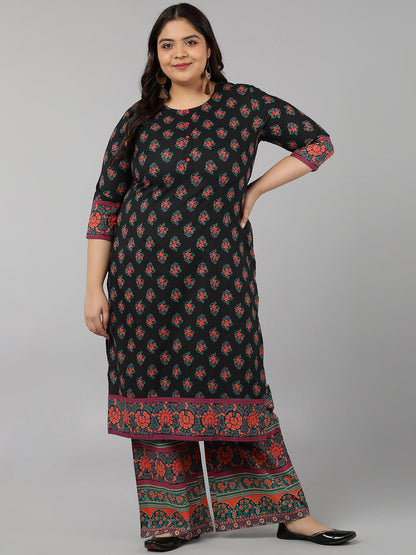 Cotton Block Print Straight Kurta Set (Black)