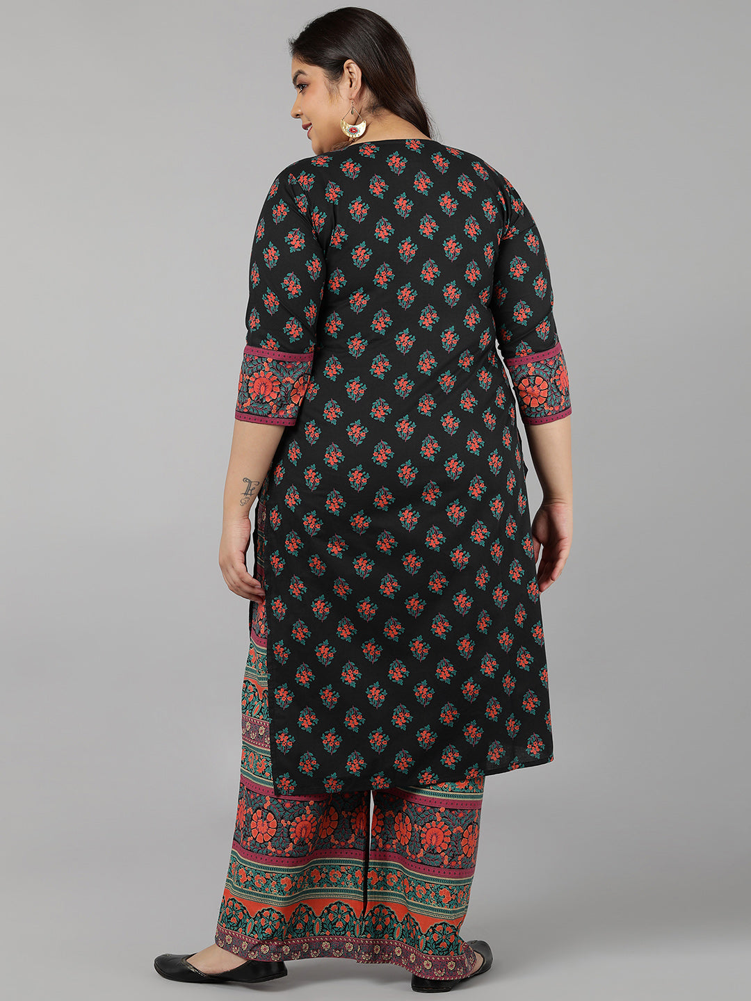 Cotton Block Print Straight Kurta Set (Black)