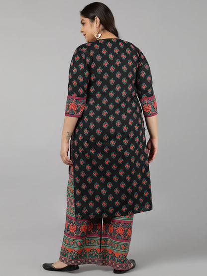 Cotton Block Print Straight Kurta Set (Black)
