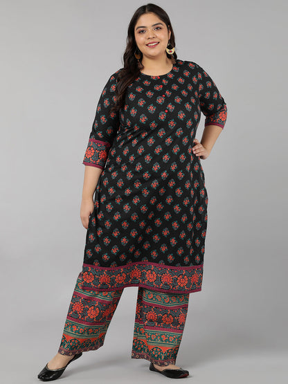 Cotton Block Print Straight Kurta Set (Black)