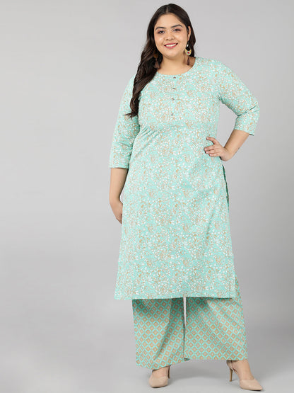 Cotton Printed Straight Kurta Set (Blue)