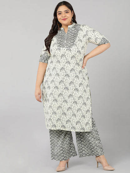 Cotton Printed Straight Kurta Set (Cream)